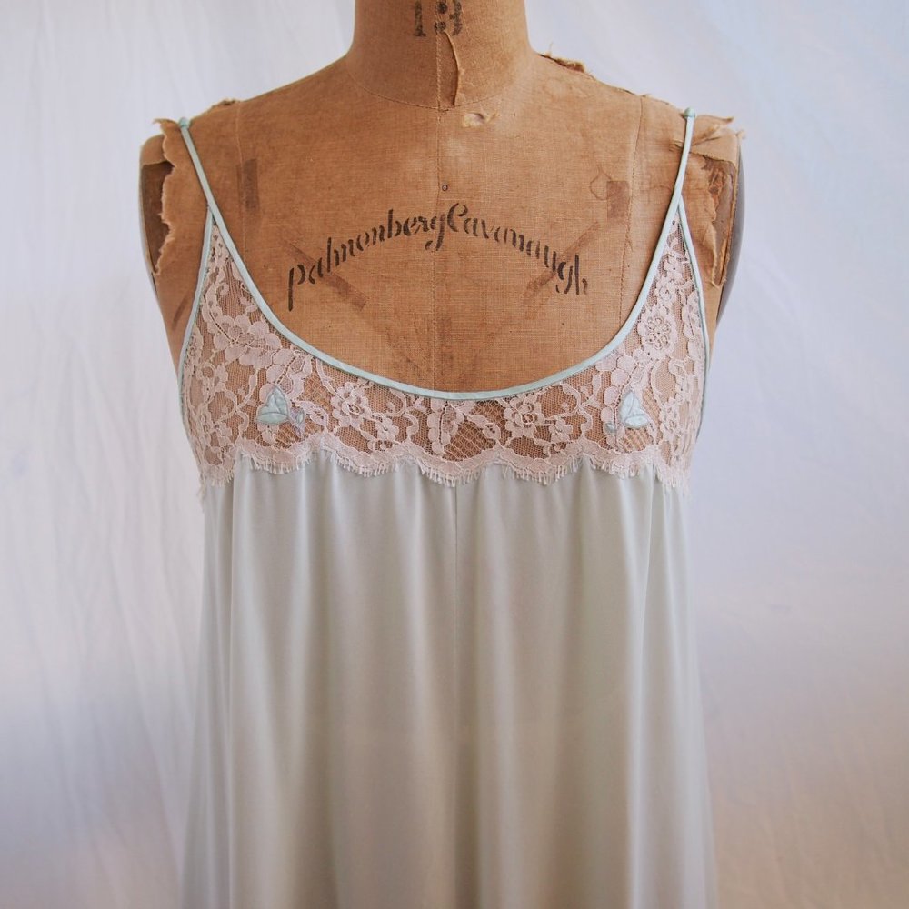 vtg 70s LUCIE ANN Claire Sandra Green Full Sweep Nightgown Beverly Hills LACE M - Picture 5 of 11